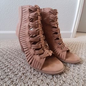 DV dolce Vita caged gladiator open heel bootie, open toe, woven, braided, boho